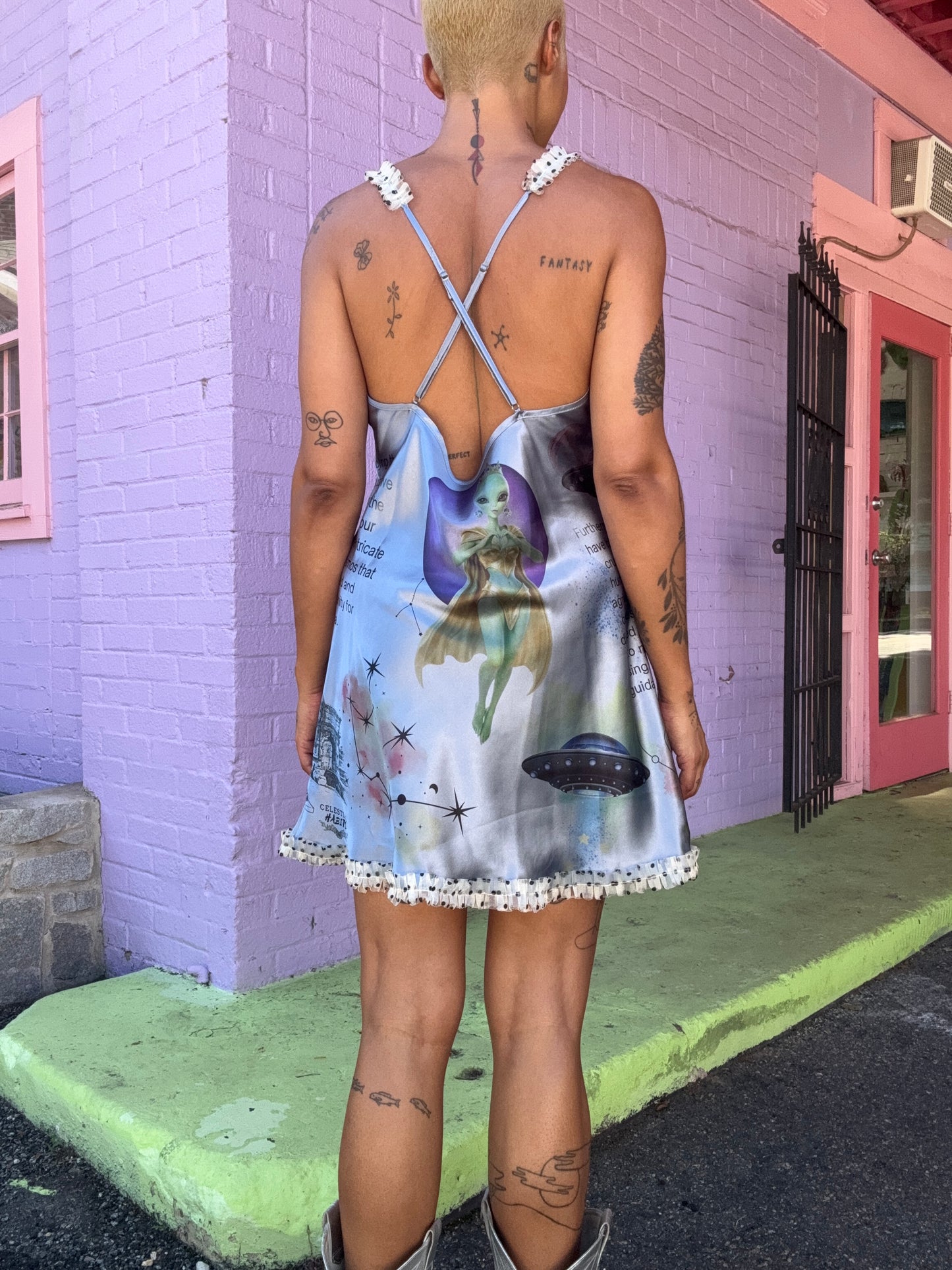 Sz L Hand-Printed Alien Blue Trim Slip Dress | Celestial Habits