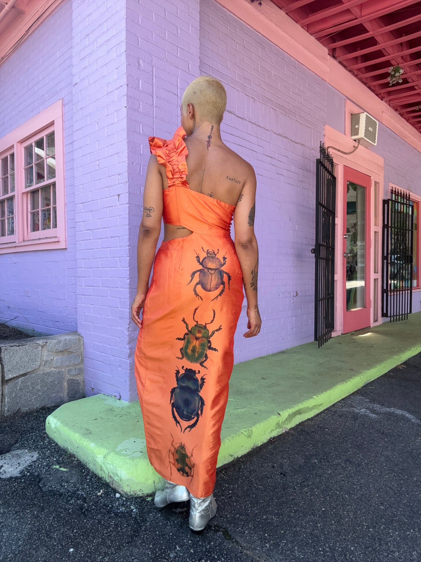 Sz L Hand-Printed Buggin Out Assymetrical Dress | Celestial Habits