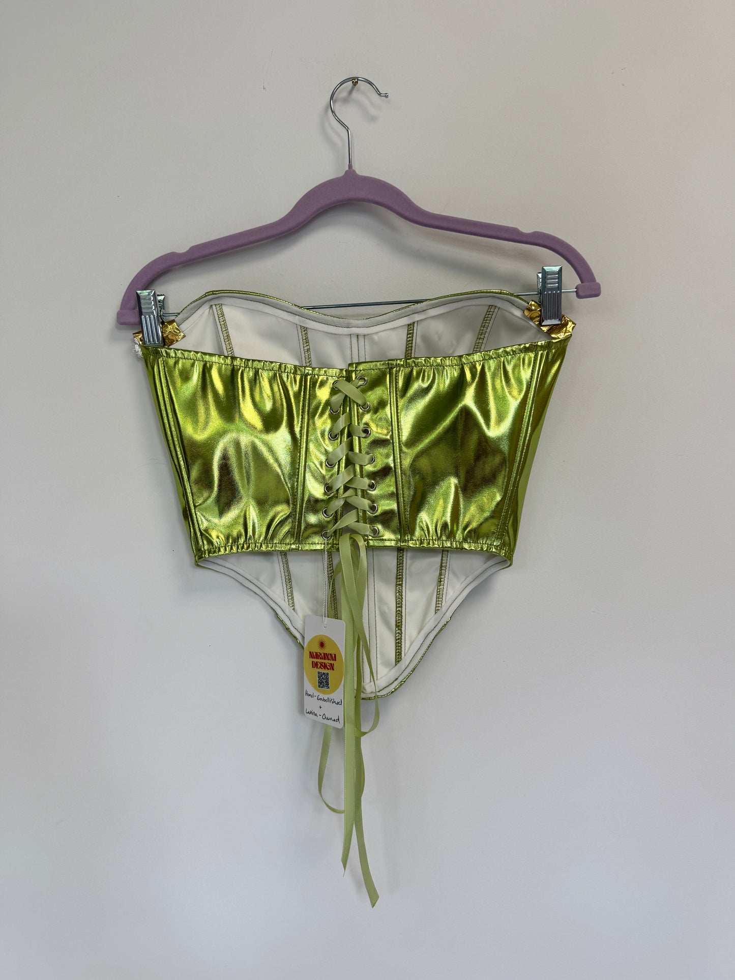 Embellished Gold + Silver on Green Corset, Size S | Naranja Design