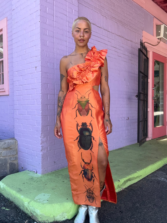 Sz L Hand-Printed Buggin Out Assymetrical Dress | Celestial Habits