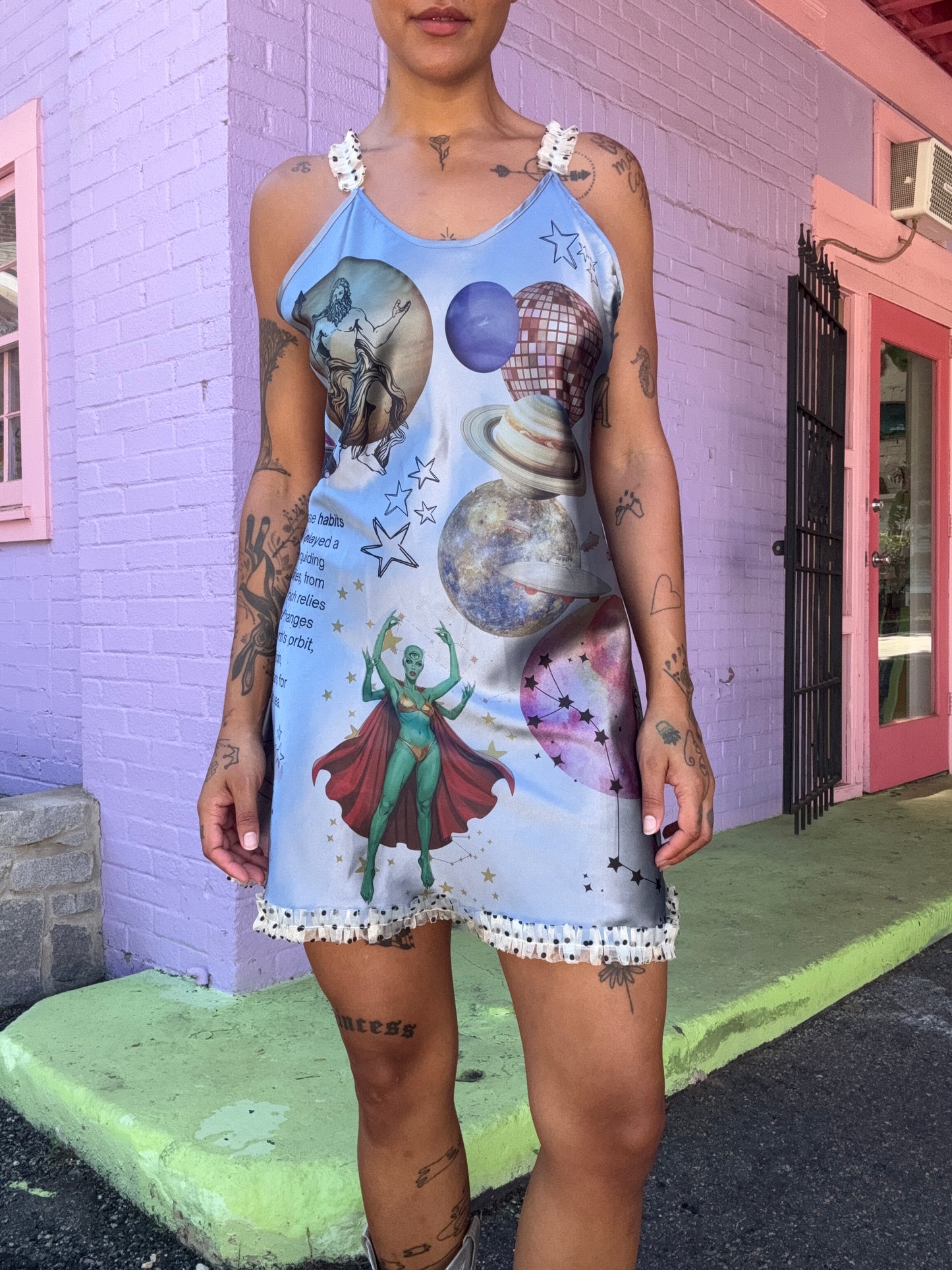 Sz L Hand-Printed Alien Blue Trim Slip Dress | Celestial Habits