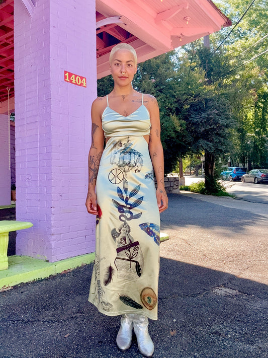 Sz M Hand-Printed Light Green Maxi Dress | Celestial Habits