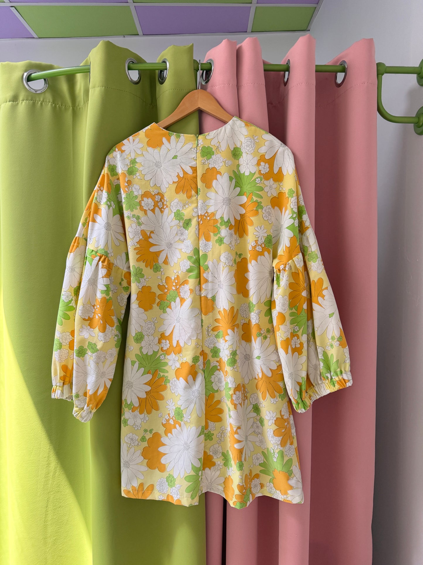 Sz L Upcycled Floral Lantern Sleeve Mini Dress | Community