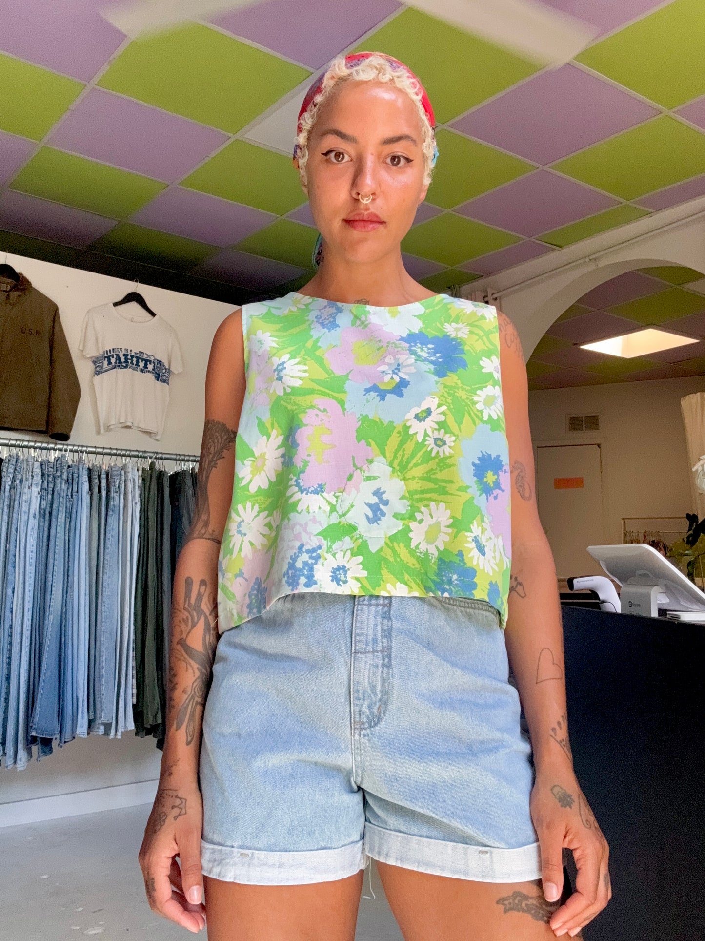 Sz XL Handmade Cotton Floral Tank in Green | Community