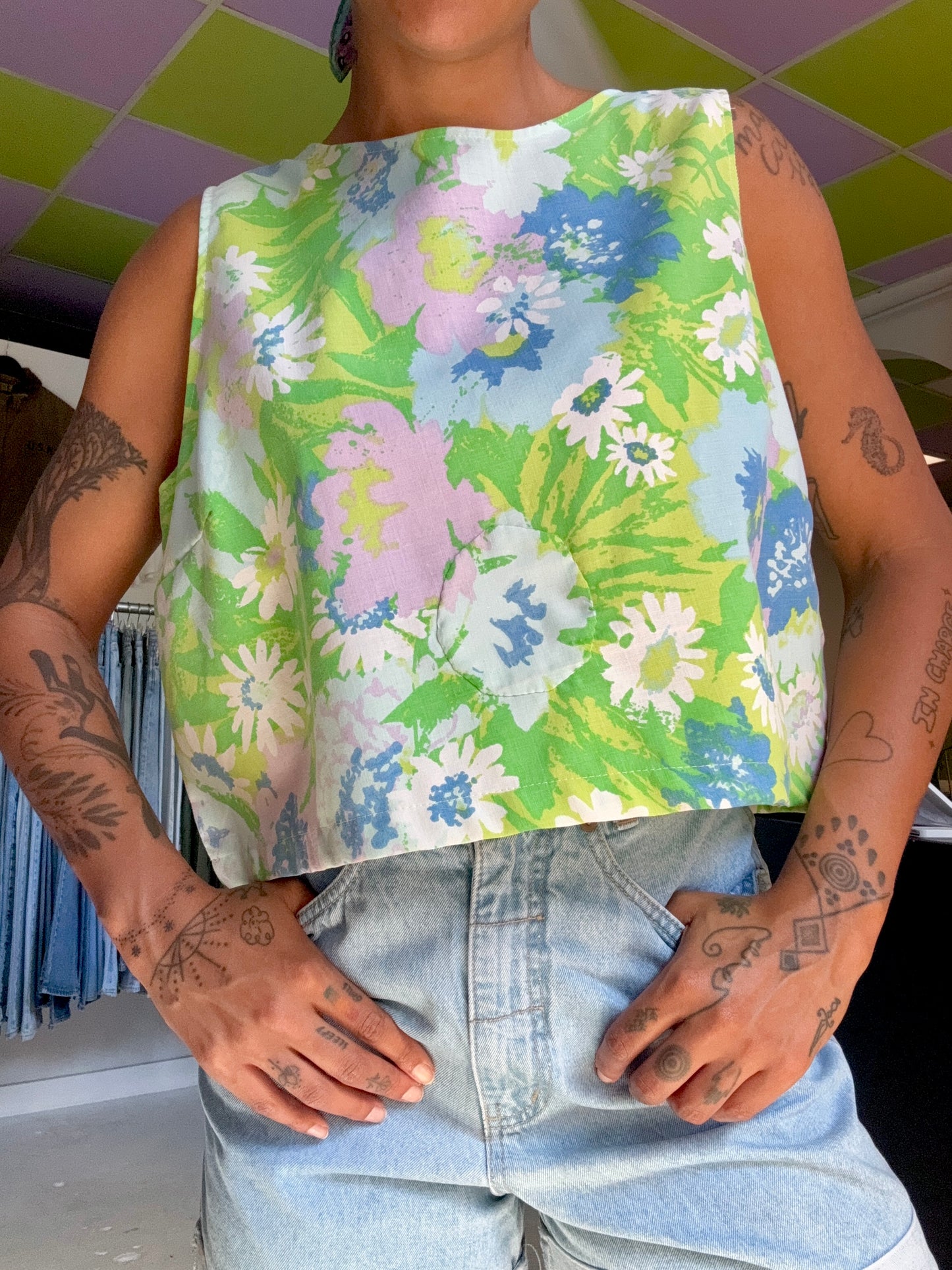 Sz XL Handmade Cotton Floral Tank in Green | Community