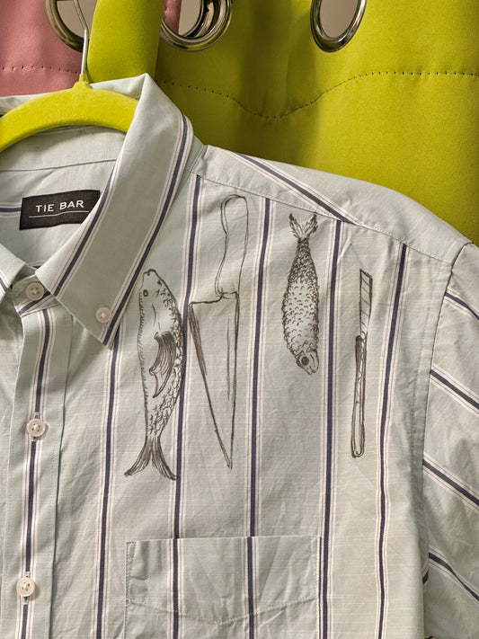 Sz L Doodle Fish + Knives Button-Down | Marker Collection