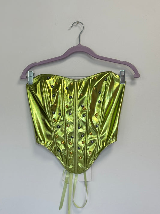 Embellished Gold + Silver on Green Corset, Size S | Naranja Design