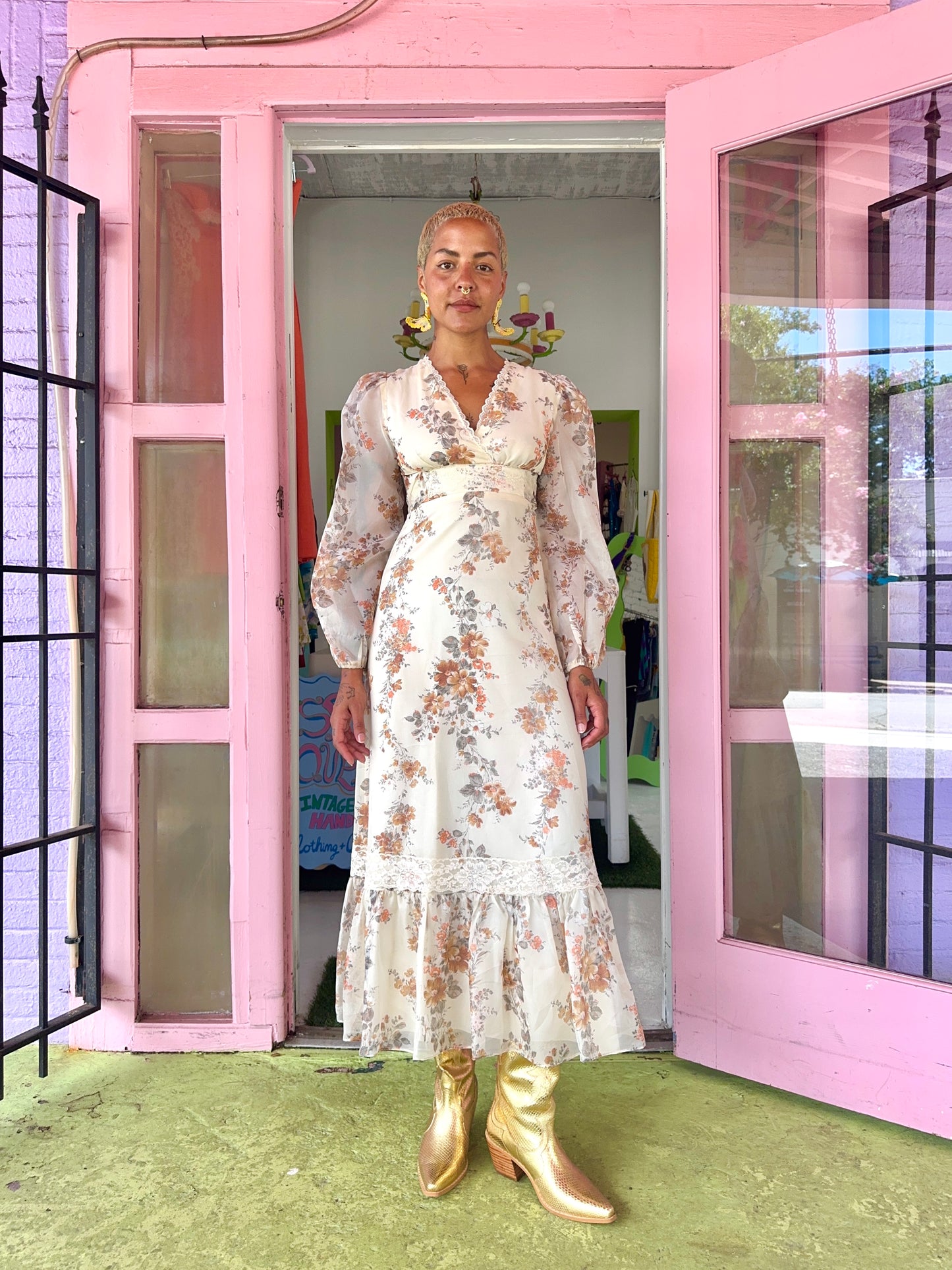 Sz XS/S 1970's Gauzy Floral Maxi Dress