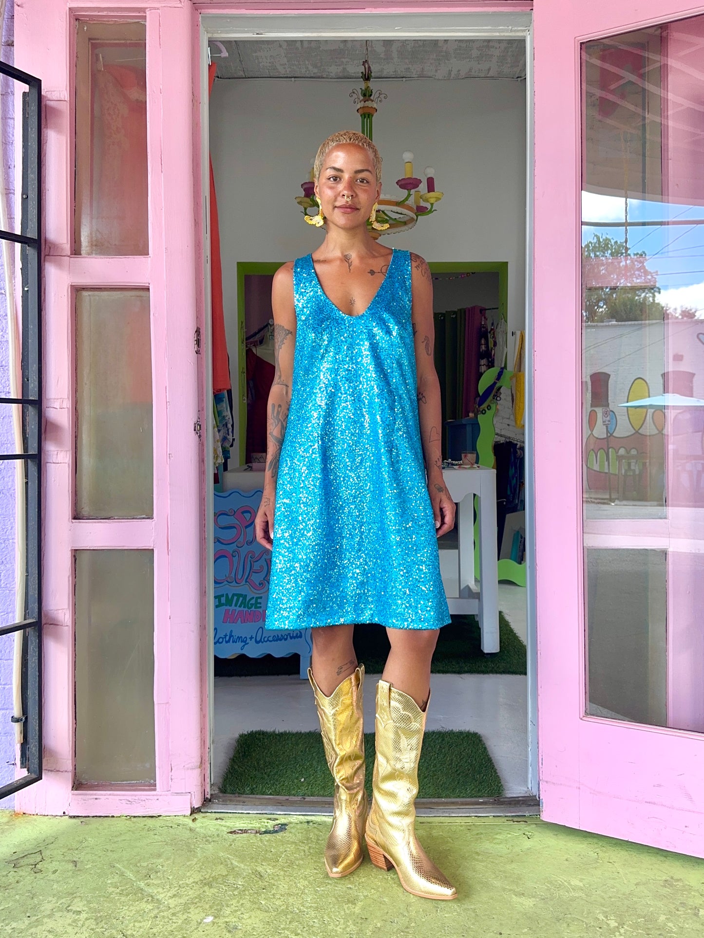 Sz M/L VTG 90's Baby Blue Sequin Shift