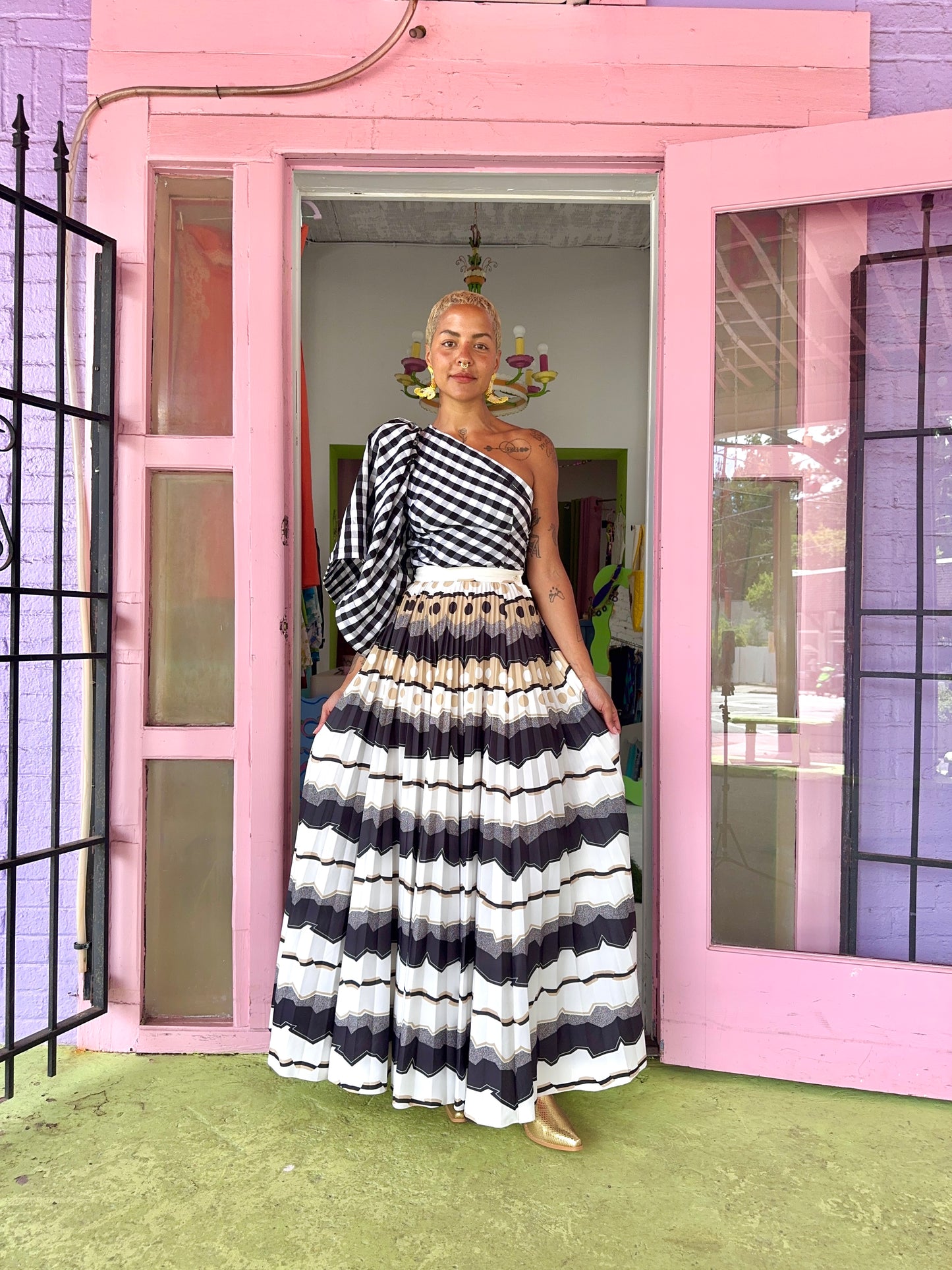 Sz XS VTG 70's Printed A-Line Pleated Maxi