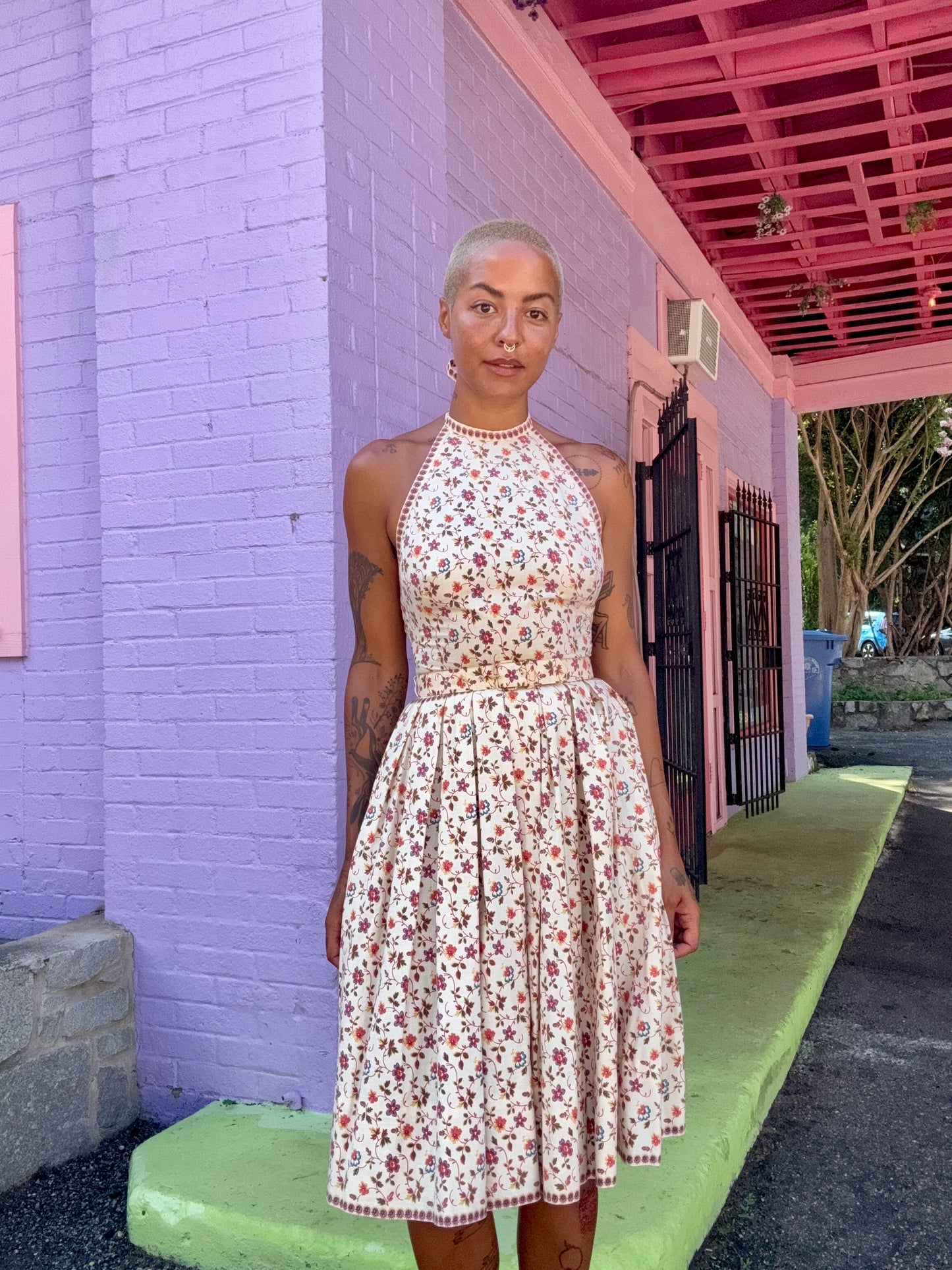 Sz XS 70s Halter Floral Dress w/ Belt