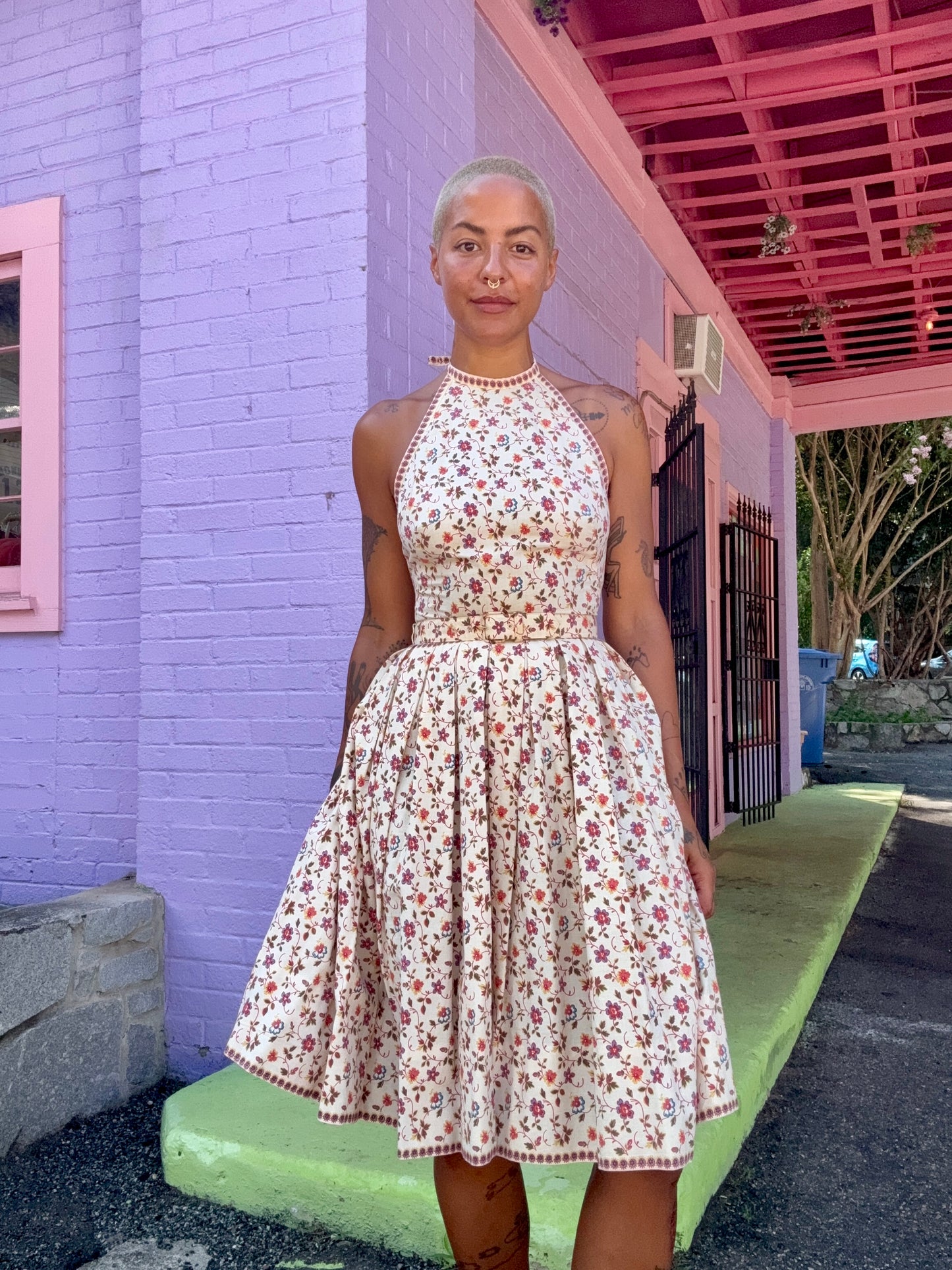 Sz XS 70s Halter Floral Dress w/ Belt