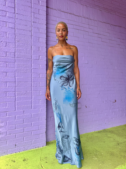 Sz M/L Blue Strapless Hand-Printed Dress | Celestial Habits