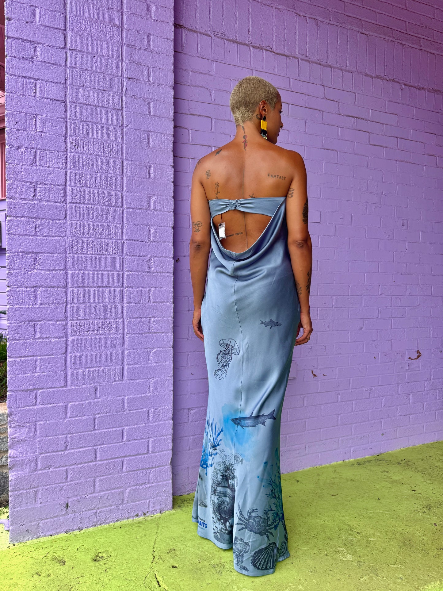 Sz M/L Blue Strapless Hand-Printed Dress | Celestial Habits