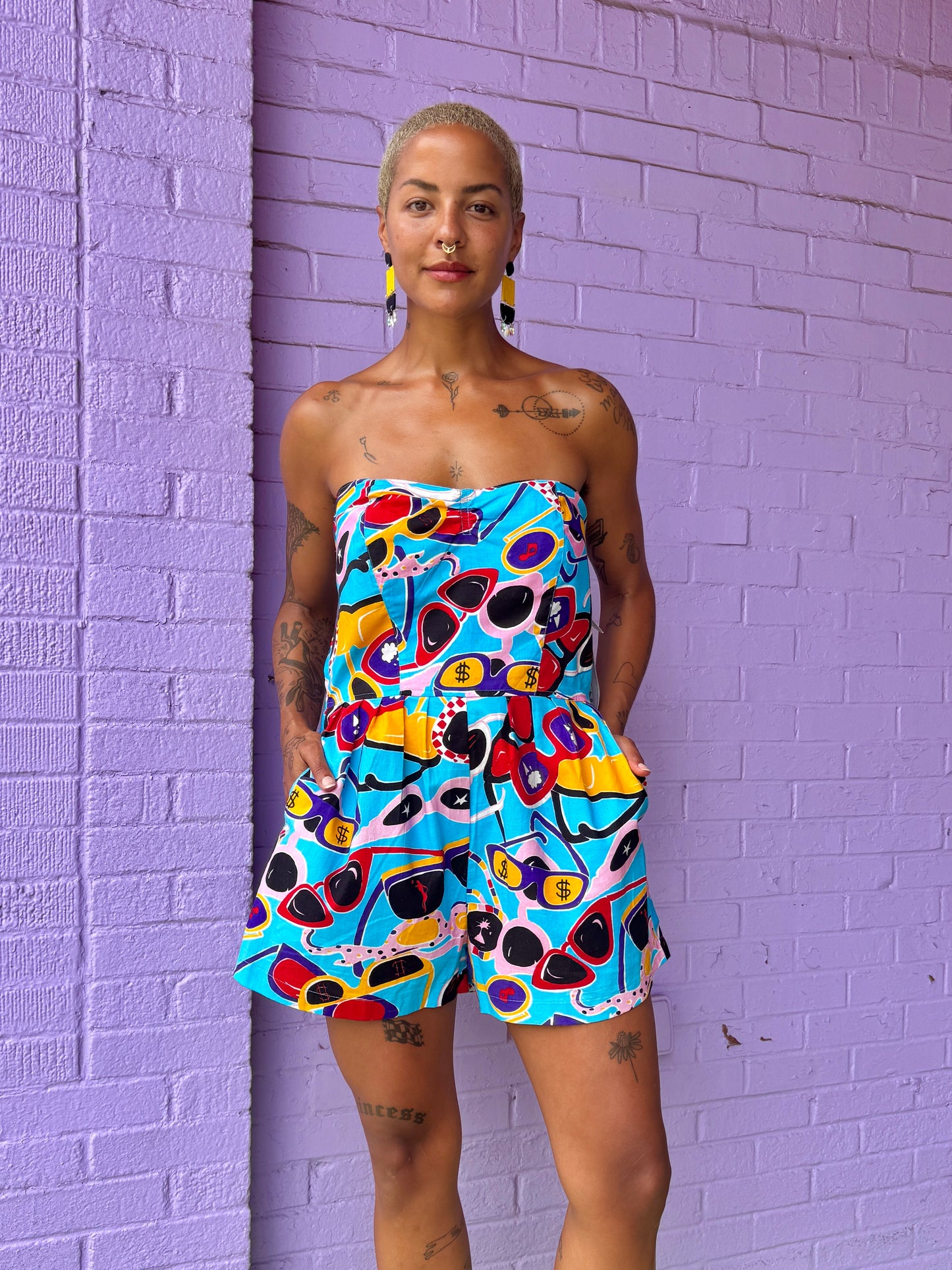 Sz L 80s/90s Sunglasses Romper Strapless