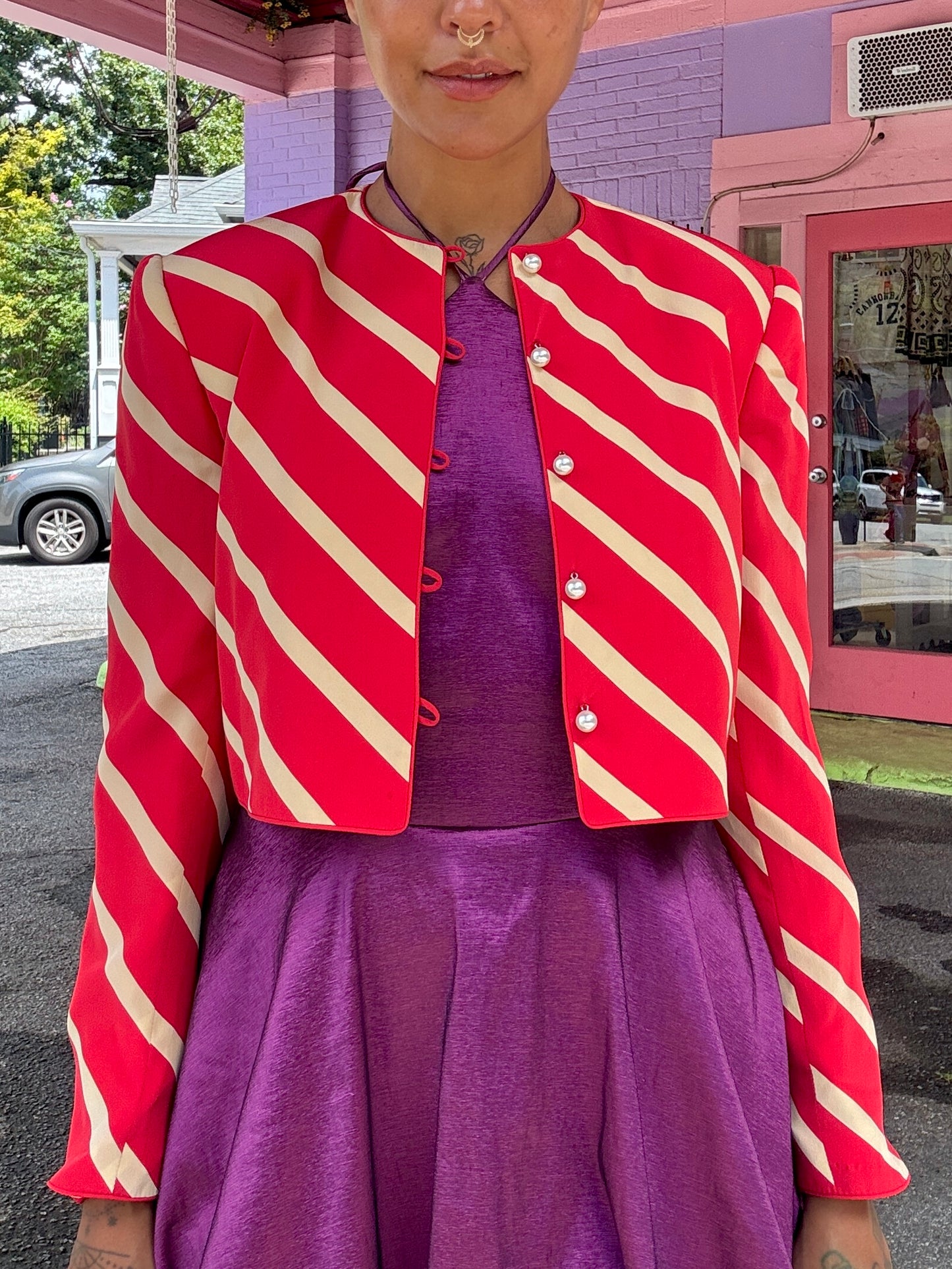 Sz M 100% Silk 80's Stripe Jacket