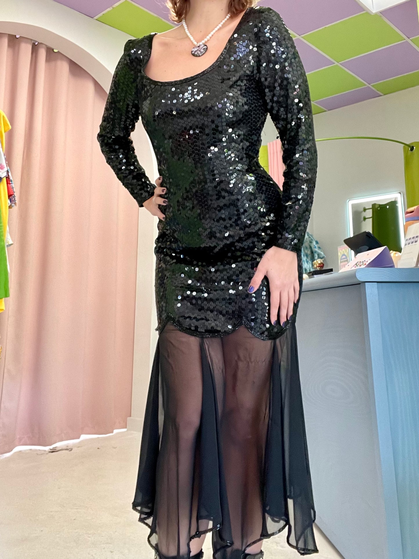Black Vintage Sequin/Lace Mermaid Style Cocktail Dress | Niteline by D Space Queen Black Vintage Sequin/Lace Mermaid Style Cocktail Dress | Niteline by D Space Queen