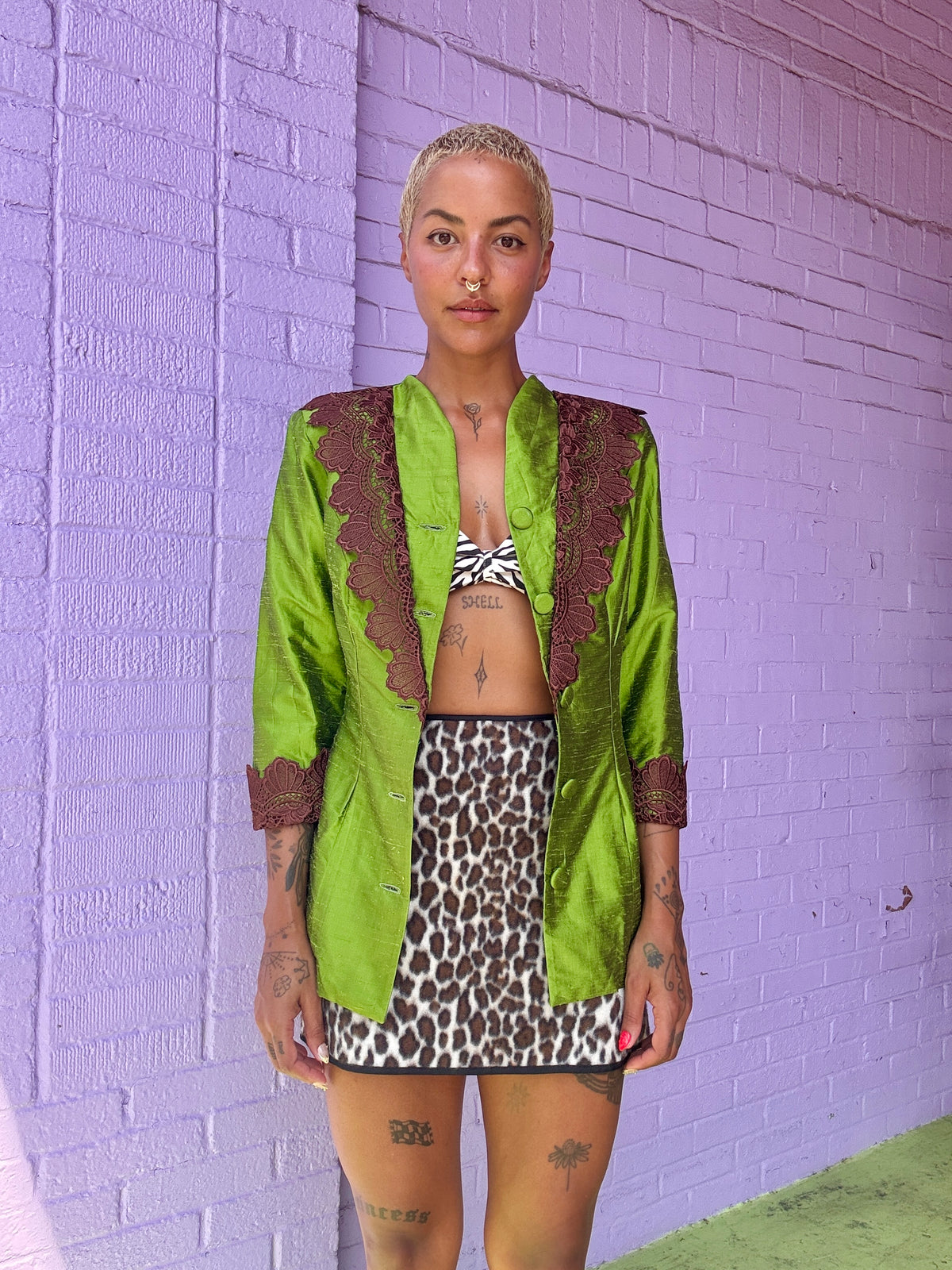 Sz S/M Handmade Green Blazer with  Lace Collar