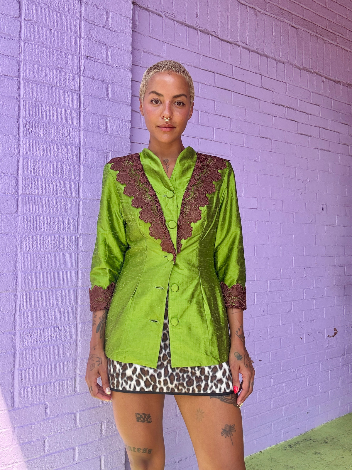 Sz S/M Handmade Green Blazer with  Lace Collar