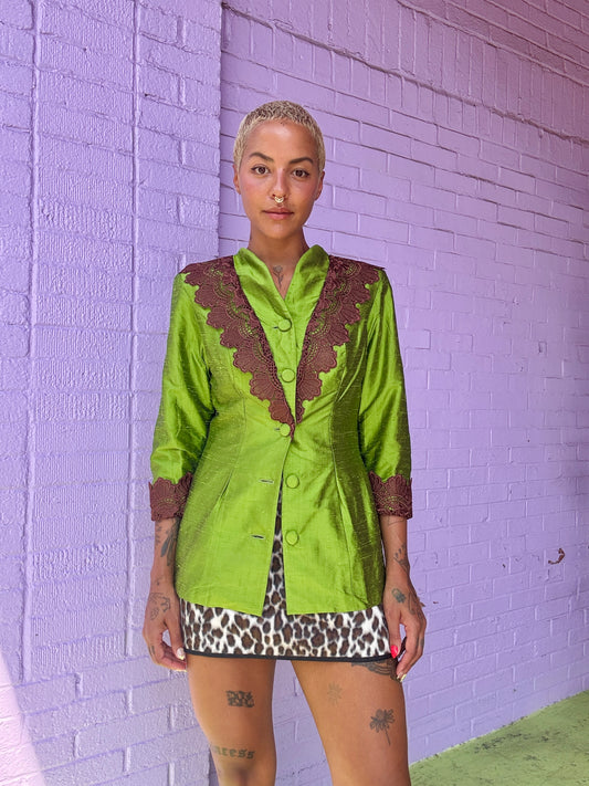 Sz S/M Handmade Green Blazer with  Lace Collar