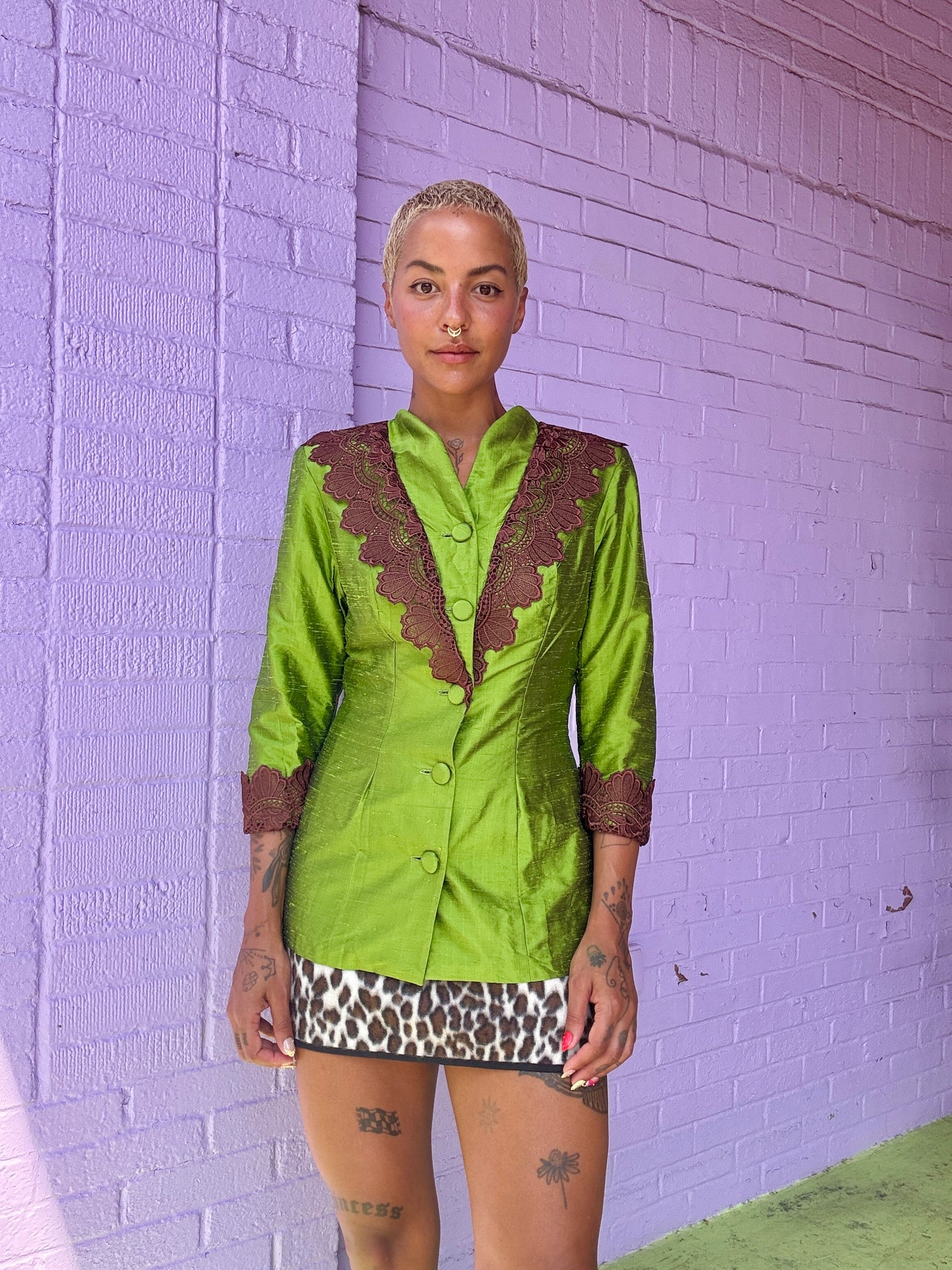 Sz S/M Handmade Green Blazer with  Lace Collar
