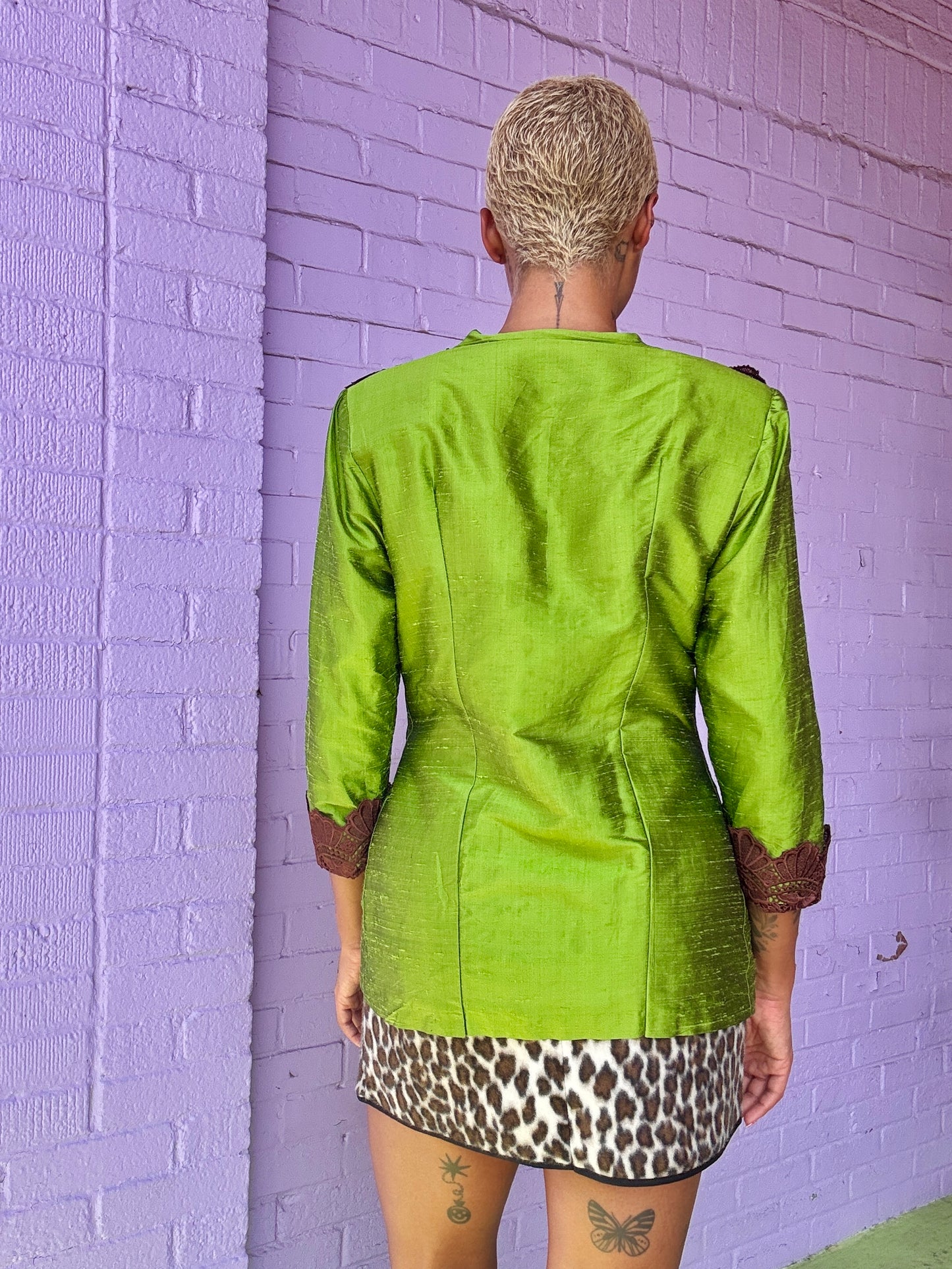 Sz S/M Handmade Green Blazer with  Lace Collar