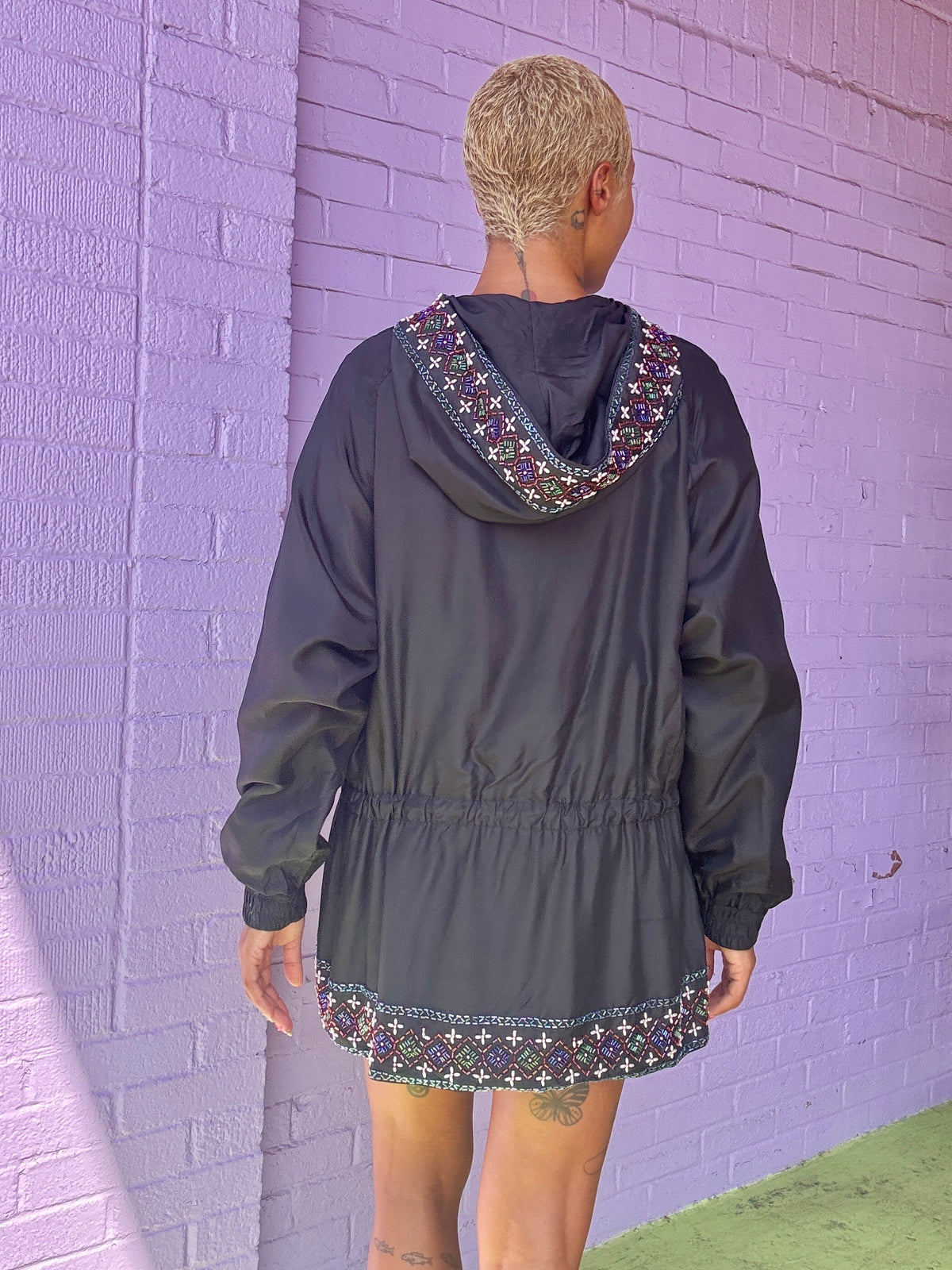 Sz M 80s 100% Silk Beaded Windbreaker Black