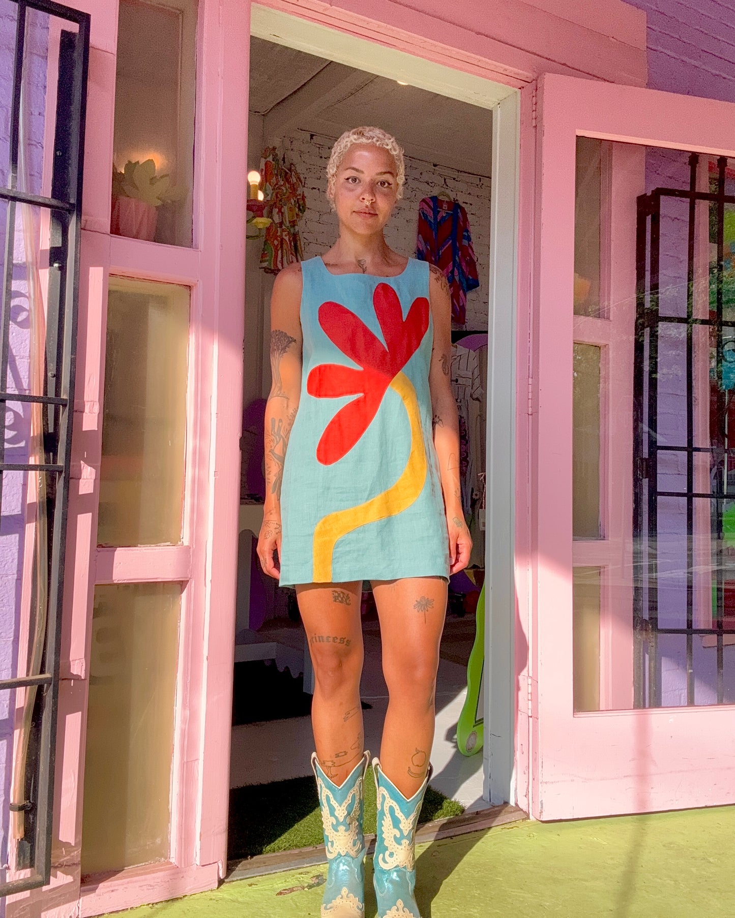 Sz M Upcycled Applique Linen Shift Dress | MN X Community